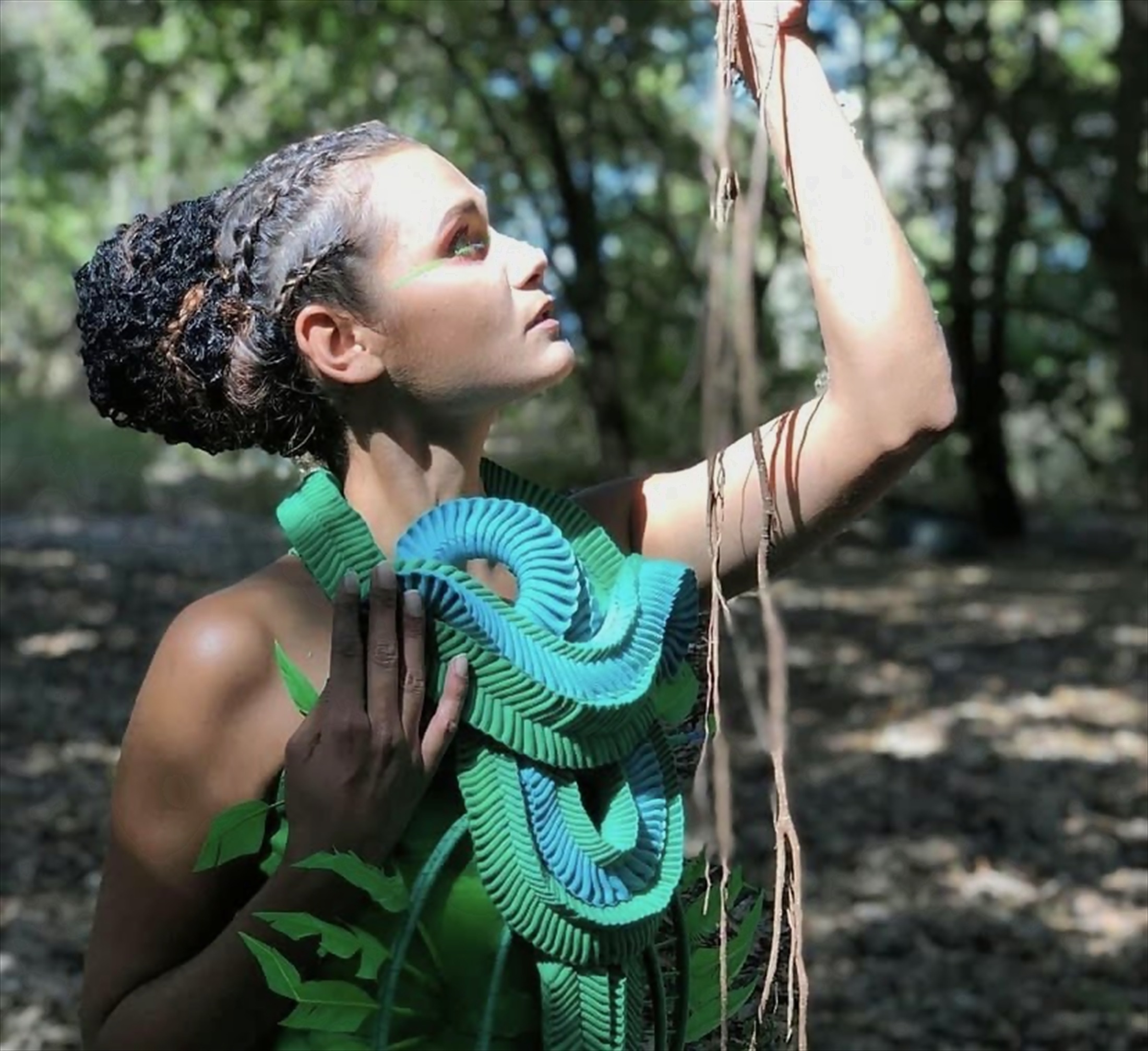 Editorial green fashion hair and makeup look by Maria Morrison